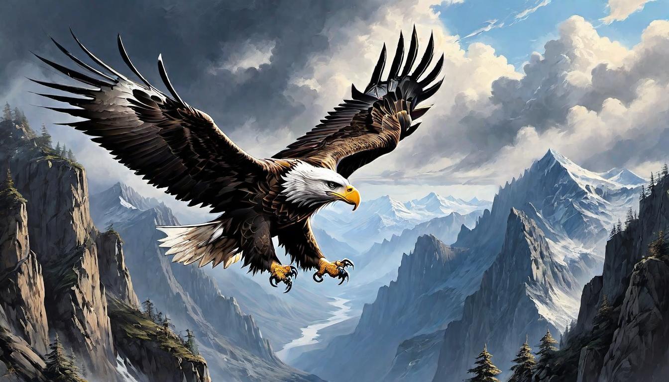  （surrealism)A majestic eagle soaring above the peaks of rugged mountains, wings wide and strong against the wind, cliffs below detailed with sharp textures, freedom, strength, legacy mystic, intricate details, best quality)