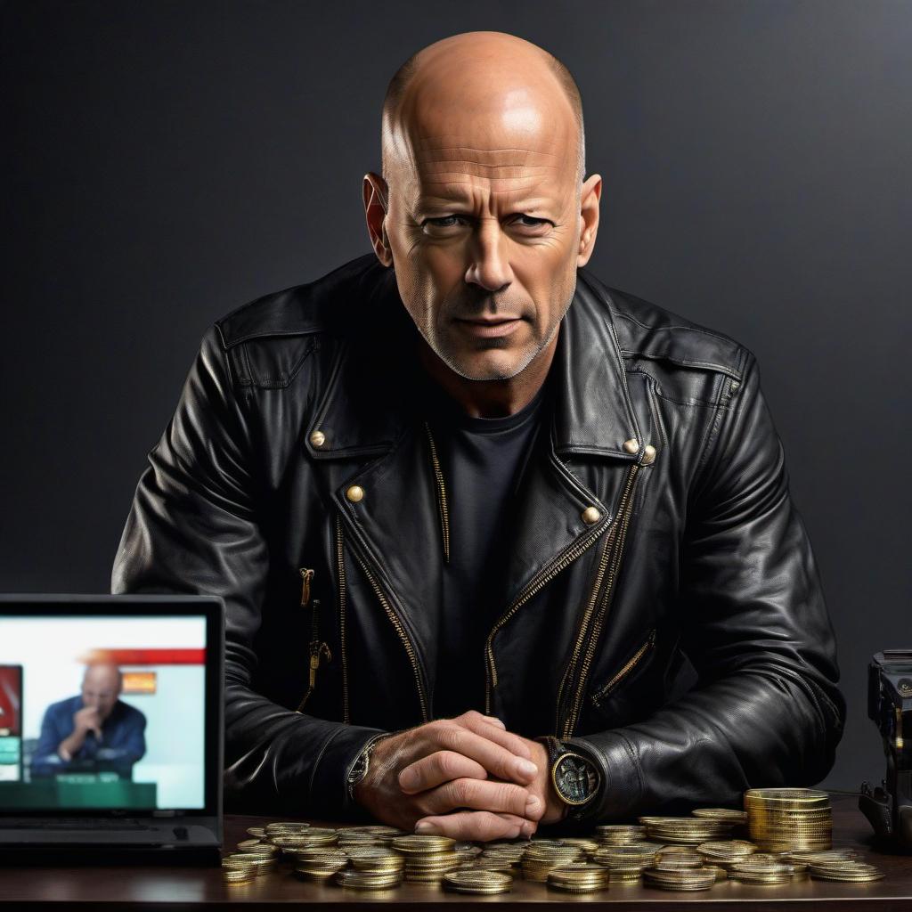  hyperrealistic art Hello, please draw Bruce Willis sitting at a laptop in a leather jacket. Around him are monitors with graphs. On the table is a pack of dollars and a gold nugget. . extremely high resolution details, photographic, realism pushed to extreme, fine texture, incredibly lifelike hyperrealistic, full body, detailed clothing, highly detailed, cinematic lighting, stunningly beautiful, intricate, sharp focus, f/1. 8, 85mm, (centered image composition), (professionally color graded), ((bright soft diffused light)), volumetric fog, trending on instagram, trending on tumblr, HDR 4K, 8K