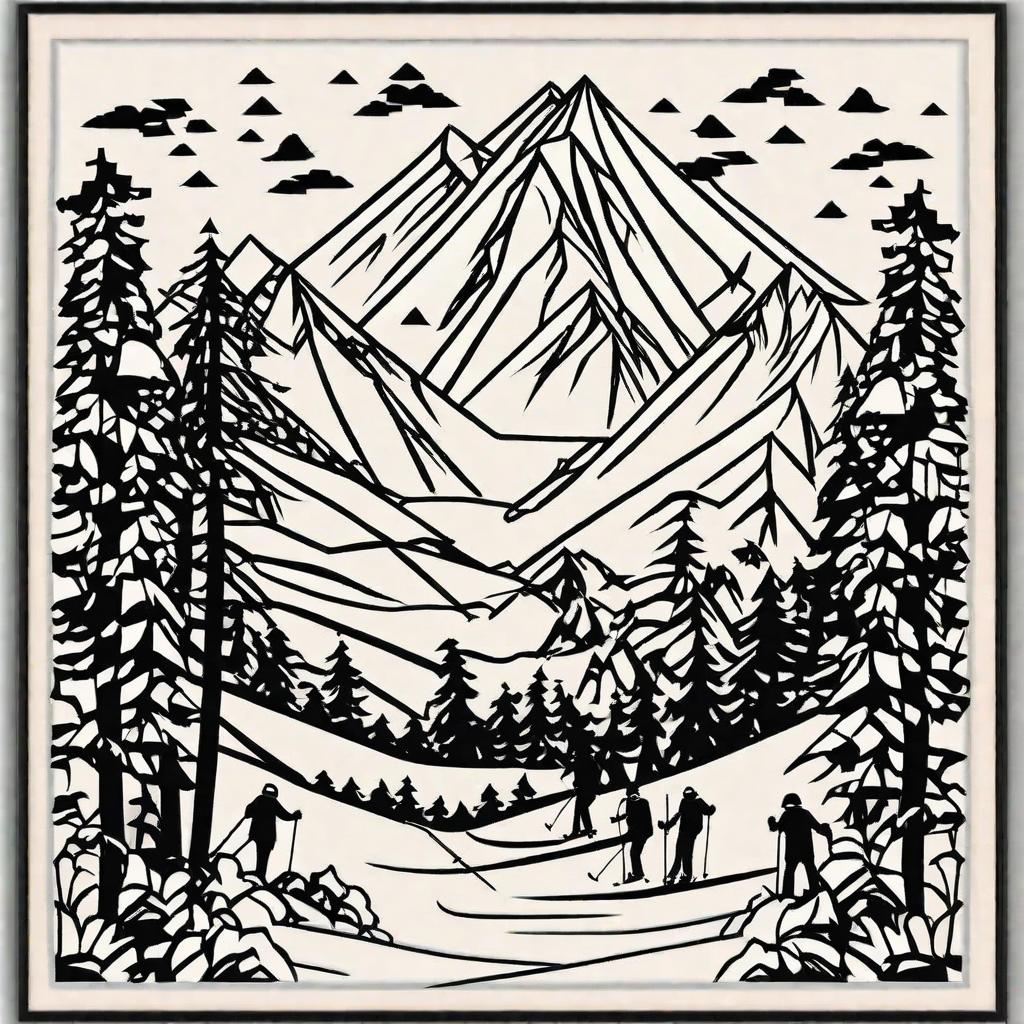  masterpiece, best quality,A bold tattoo featuring a black and white mountains and trees with 4 kid skiers ,