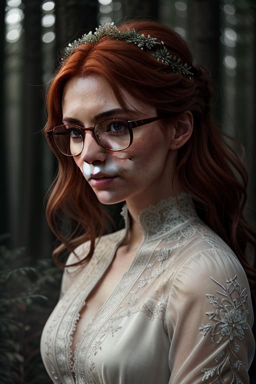  close up of a european woman, ginger hair, glasses, winter forest, natural skin texture, 24mm, 4k textures, soft cinematic light, RAW photo, photorealism, photorealistic, intricate, elegant, highly detailed, sharp focus, ((((cinematic look)))), soothing tones, insane details, intricate details, hyperdetailed, low contrast, soft cinematic light, dim colors, exposure blend, hdr, faded hyperrealistic, full body, detailed clothing, highly detailed, cinematic lighting, stunningly beautiful, intricate, sharp focus, f/1. 8, 85mm, (centered image composition), (professionally color graded), ((bright soft diffused light)), volumetric fog, trending on instagram, trending on tumblr, HDR 4K, 8K