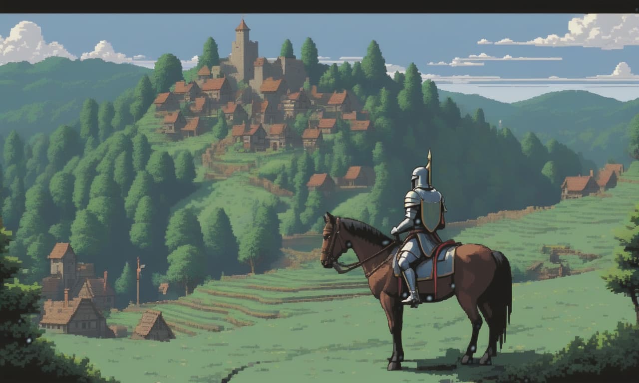  pixel art Pixel art, 16 bit. In the foreground, a knight on a horse stands on a hill in the woods, the knight on the hill looks at a small village in the distance, the village doesn't have tall buildings and is located in a lowland, the image should suit a 2D 16 bit game. The image is drawn with pixels. Pixel art, 16bit, 32x32. . low res, blocky, pixel art style, 8 bit graphics hyperrealistic, full body, detailed clothing, highly detailed, cinematic lighting, stunningly beautiful, intricate, sharp focus, f/1. 8, 85mm, (centered image composition), (professionally color graded), ((bright soft diffused light)), volumetric fog, trending on instagram, trending on tumblr, HDR 4K, 8K