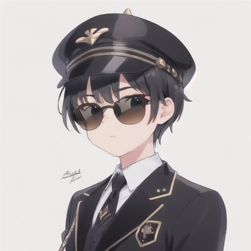  master piece , best quality,Black sunglasses, medium hat, black suit, male, black hair, miniature character