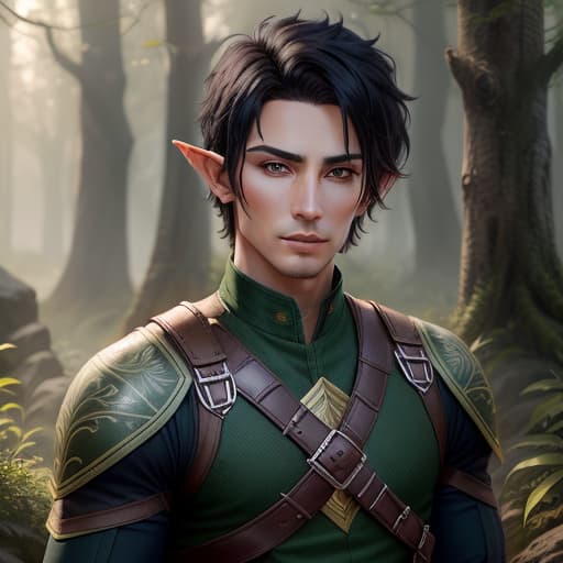  male half-elf ranger with short black hair and green eyes and tattoos , hyperrealistic, high quality, highly detailed, perfect lighting, intricate, sharp focus, f/1. 8, 85mm, (centered image composition), (professionally color graded), ((bright soft diffused light)), trending on instagram, HDR 4K, 8K