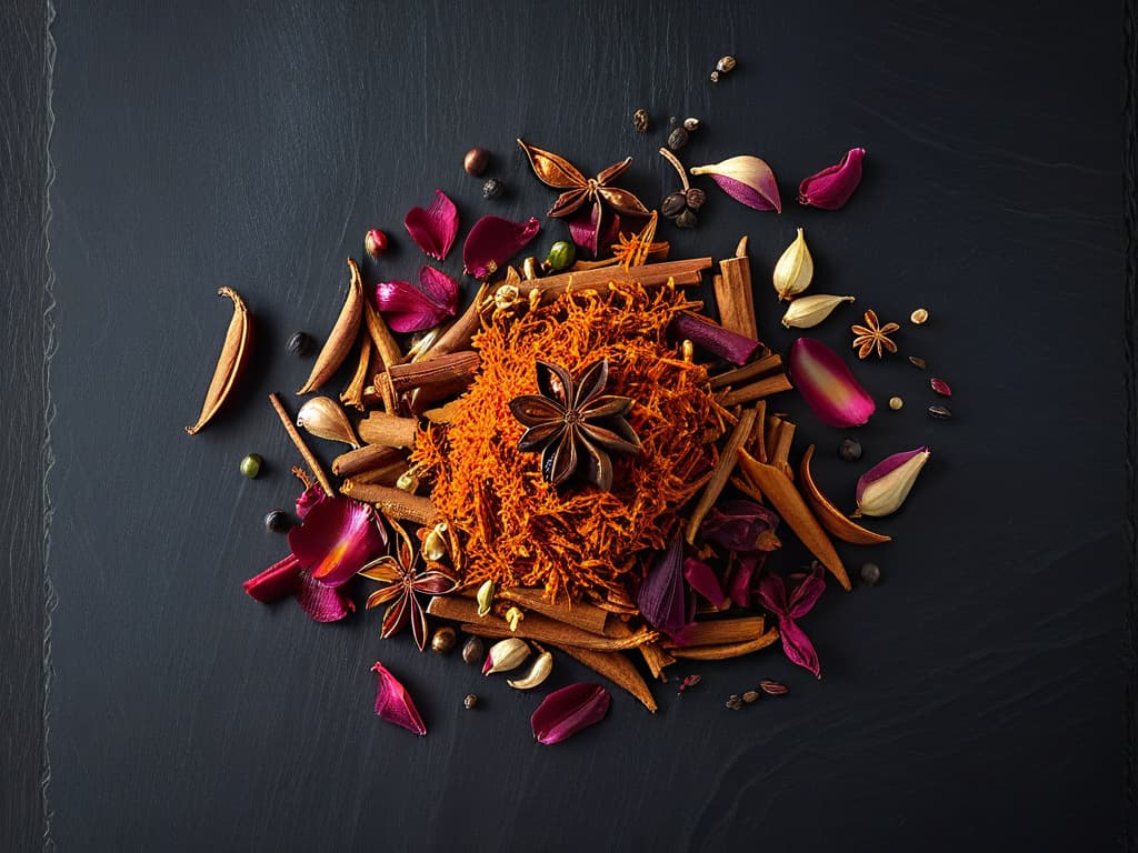  An ultradetailed, minimalistic image of a vibrant array of exotic spices like saffron threads, star anise, cardamom pods, cinnamon sticks, and dried rose petals arranged in a harmonious and visually appealing pattern on a sleek, dark slate surface. Each spice is meticulously positioned to showcase its unique color, texture, and shape, creating a visually striking and captivating composition that perfectly complements the sophisticated and informative tone of the article on creating desserts with exotic spices. hyperrealistic, full body, detailed clothing, highly detailed, cinematic lighting, stunningly beautiful, intricate, sharp focus, f/1. 8, 85mm, (centered image composition), (professionally color graded), ((bright soft diffused light)), volumetric fog, trending on instagram, trending on tumblr, HDR 4K, 8K