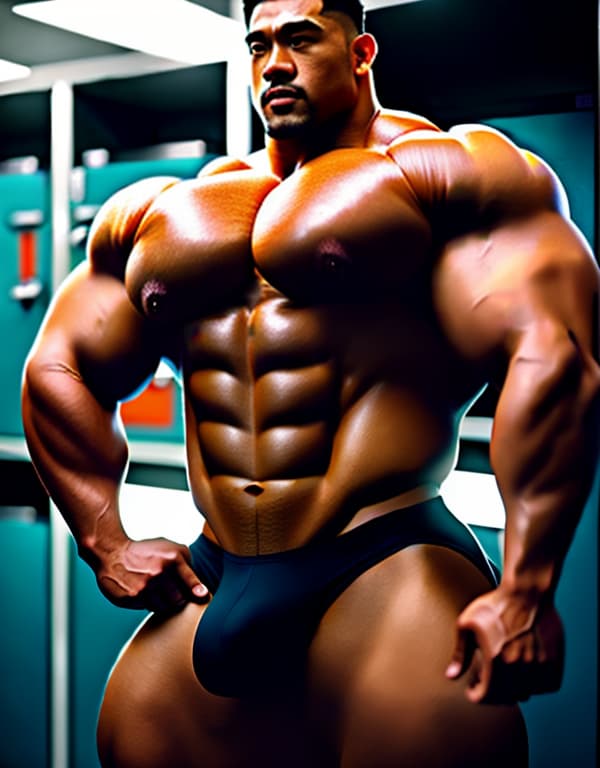  Asian，huge beefy bodybuilder man,  in a locker room.  big bulge, huge back round muscle ass, huge round back.  huge breast, huge tits, huge boobs, 3D hyperrealistic, full body, detailed clothing, highly detailed, cinematic lighting, stunningly beautiful, intricate, sharp focus, f/1. 8, 85mm, (centered image composition), (professionally color graded), ((bright soft diffused light)), volumetric fog, trending on instagram, trending on tumblr, HDR 4K, 8K