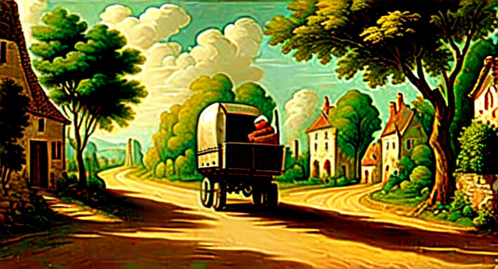  truck riding in a village road, baroque style art