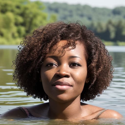  african woman's face with short curly hair sinking in the lake