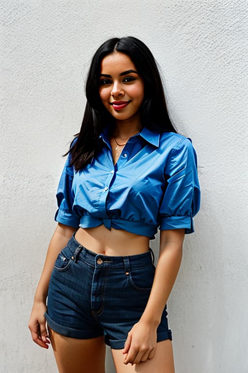  young attractive black woman facing forward with medium complexion, blue blouse shone from waist up medium sized breasts closed mouth slight smile long black hair, holding microphone in right hand underneath chin