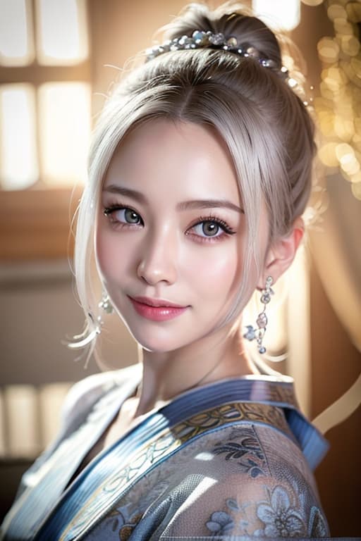  Royal silver Hair big eyes hard smiling smile, (Masterpiece, BestQuality:1.3), (ultra detailed:1.2), (hyperrealistic:1.3), (RAW photo:1.2),High detail RAW color photo, professional photograph, (Photorealistic:1.4), (realistic:1.4), ,professional lighting, (japanese), beautiful face, (realistic face)