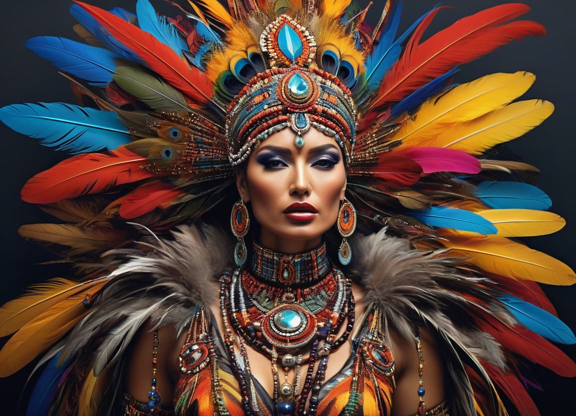  abstract expressionist painting An artistic, vibrant image of a woman adorned with elaborate jewelry and feathers, showcasing intricate designs and rich colors. . energetic brushwork, bold colors, abstract forms, expressive, emotional hyperrealistic, full body, detailed clothing, highly detailed, cinematic lighting, stunningly beautiful, intricate, sharp focus, f/1. 8, 85mm, (centered image composition), (professionally color graded), ((bright soft diffused light)), volumetric fog, trending on instagram, trending on tumblr, HDR 4K, 8K