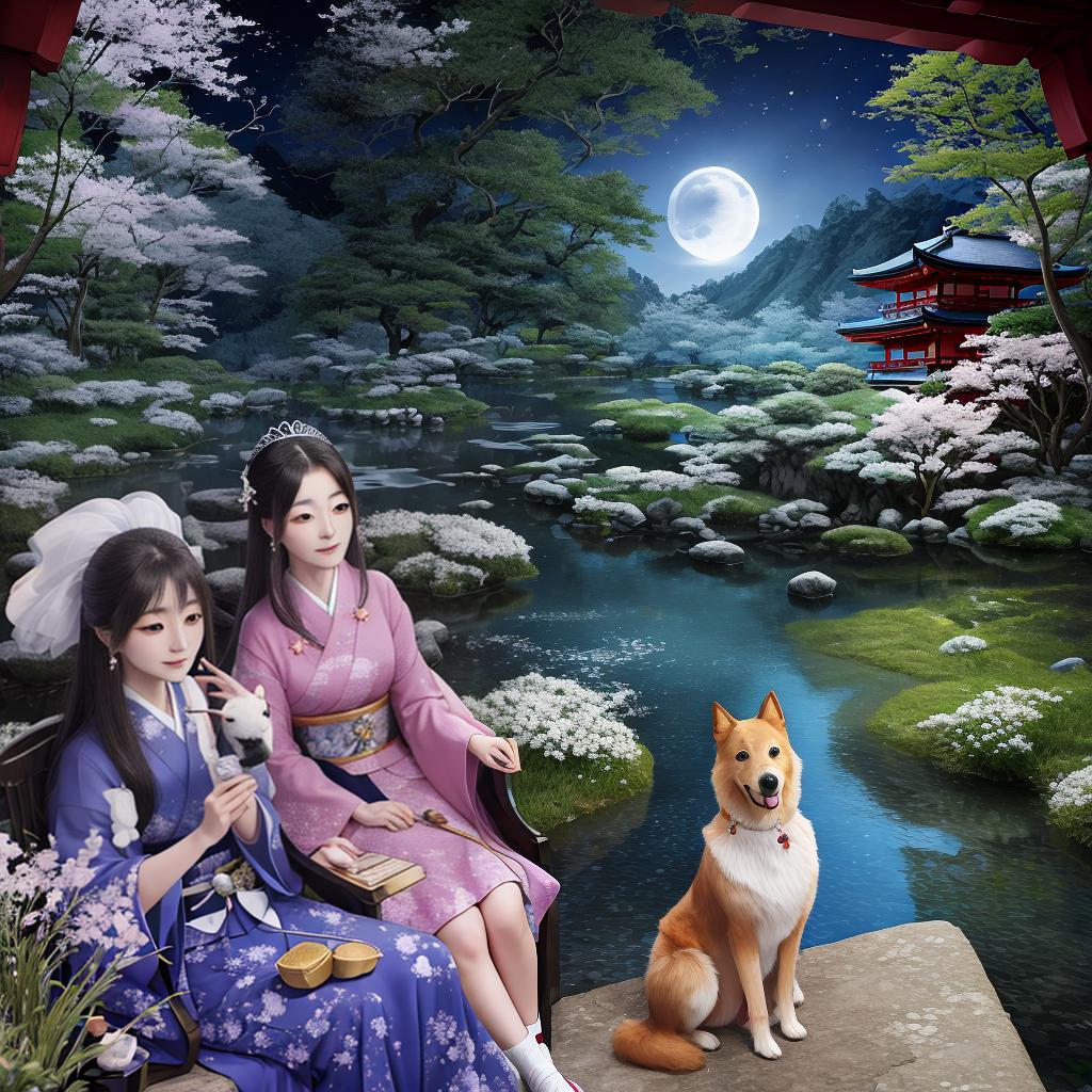  masterpiece, best quality, beauty japanese princess fusehime and dog moonlight cave