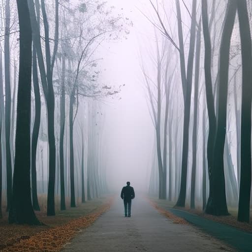 lnkdn photography A man walks along a road in a forest in fog view from the back