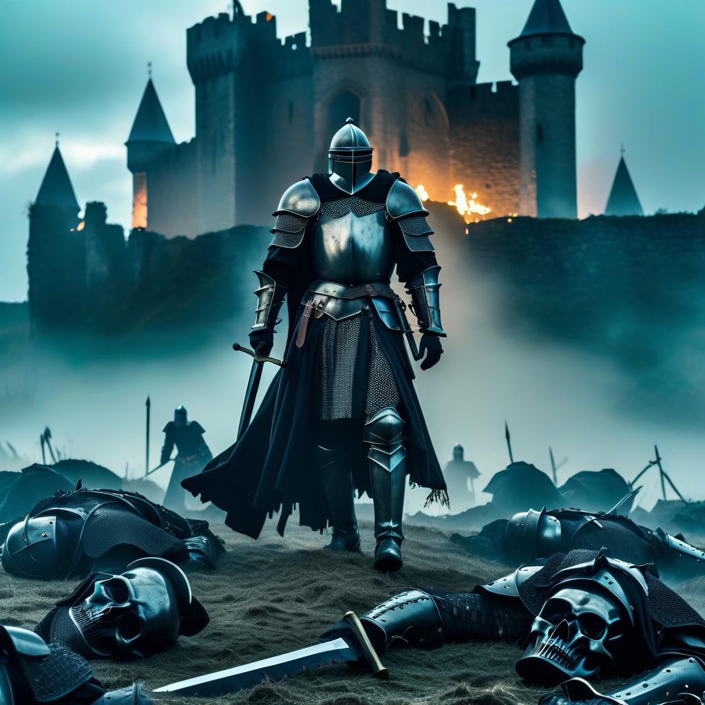  horror themed Backdrop: remains of a large medieval Gothic castle in the field. The field is littered with fallen knights. In the middle of the scene, against the background of these ruins, a black knight in black armor and a black helmet with a sword, looking down, is walking towards the viewer. . eerie, unsettling, dark, spooky, suspenseful, grim, highly detailed hyperrealistic, full body, detailed clothing, highly detailed, cinematic lighting, stunningly beautiful, intricate, sharp focus, f/1. 8, 85mm, (centered image composition), (professionally color graded), ((bright soft diffused light)), volumetric fog, trending on instagram, trending on tumblr, HDR 4K, 8K