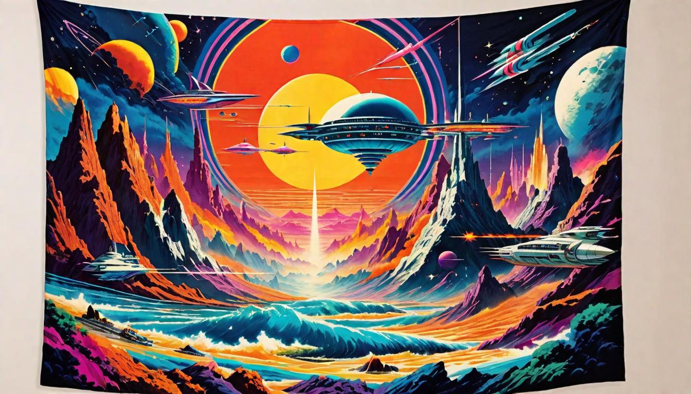  retro futuristic A tapestry woven with vibrant threads, each strand representing a story of adversity, publicly displayed, Symbolic, shared, empowering lvintage sci fi, 50s and 60s style, atomic age, vibrant, highly detailed