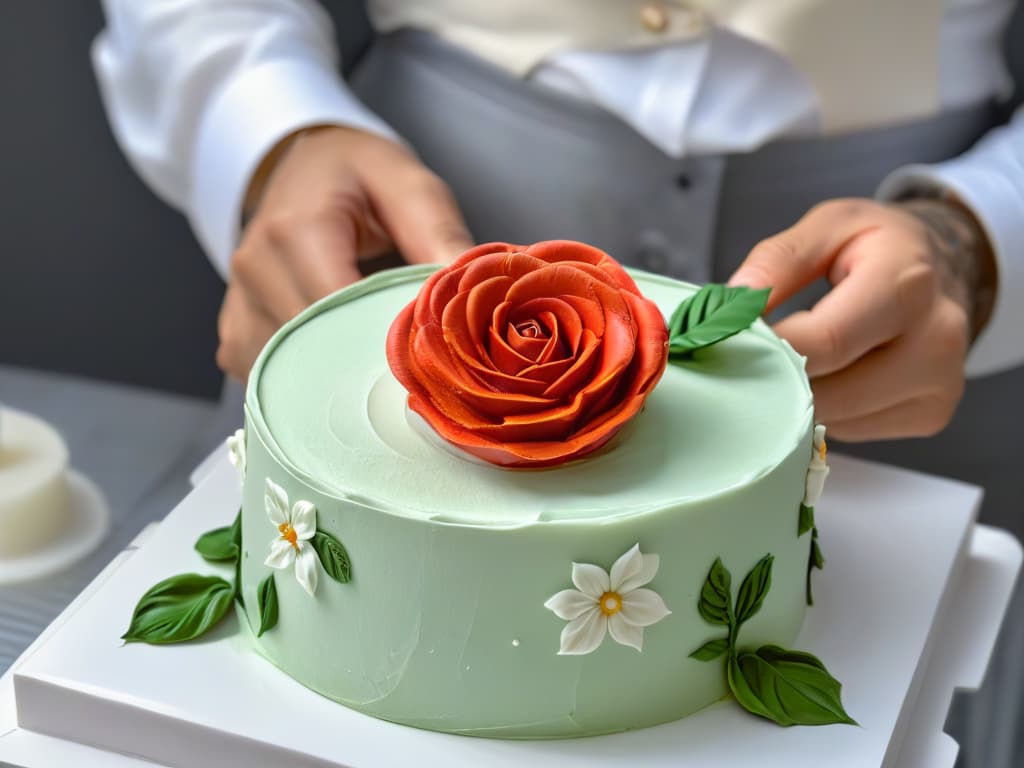  A closeup, photorealistic image of a skilled baker's hands delicately sculpting a lifelike rose out of fondant, showcasing the intricate details and artistry involved in fondant modeling. The hands are captured midprocess, with soft natural lighting highlighting the textures and contours of the fondant petals, creating a visually striking and inspiring scene for beginners looking to hone their fondant modeling skills. hyperrealistic, full body, detailed clothing, highly detailed, cinematic lighting, stunningly beautiful, intricate, sharp focus, f/1. 8, 85mm, (centered image composition), (professionally color graded), ((bright soft diffused light)), volumetric fog, trending on instagram, trending on tumblr, HDR 4K, 8K