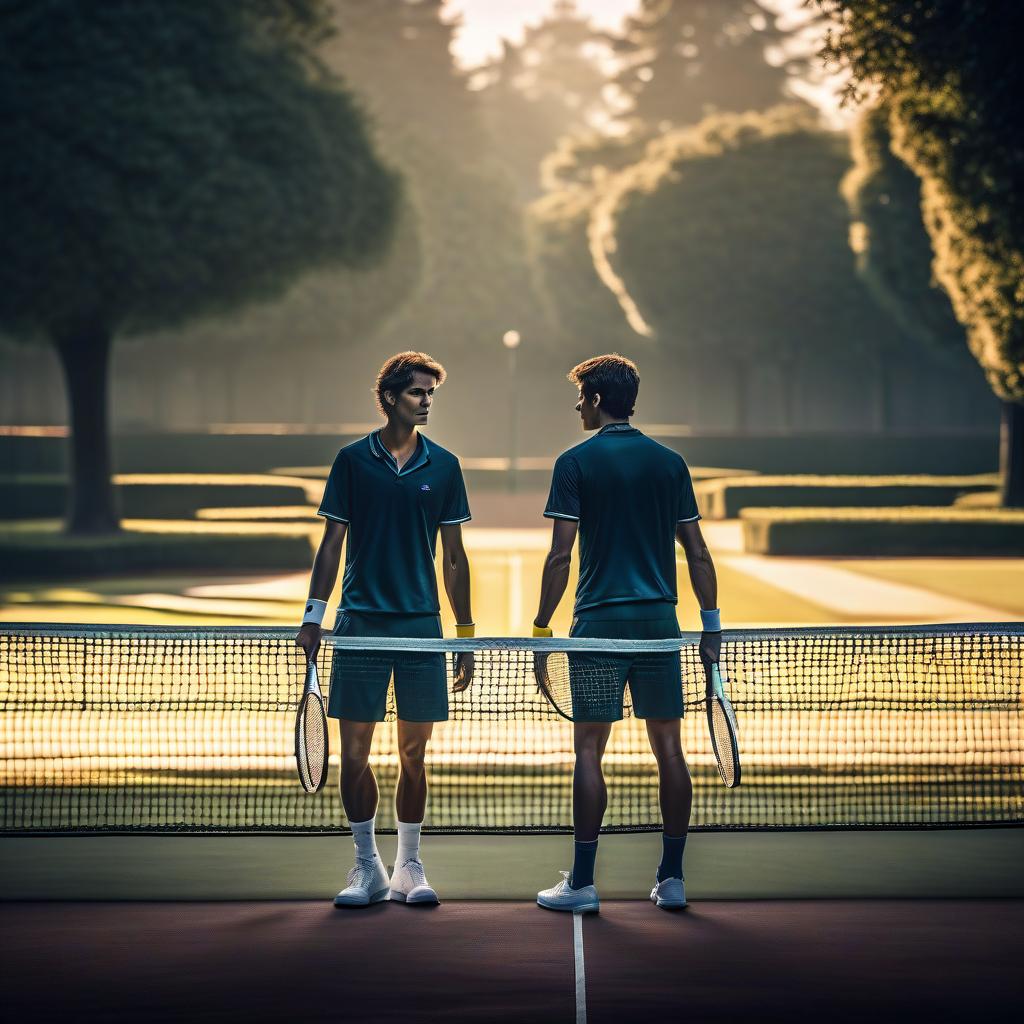  ['He arrived at the park with his partner to play tennis.']. All the characters, masterpiece, best quality, symmetrical balance, beautiful surroundings, lots of details, detailed clothing, highly detailed, cinematic lighting, stunningly beautiful, intricate, sharp focus, f\/1. 8, 85mm, volumetric fog, HDR 4K, 8K