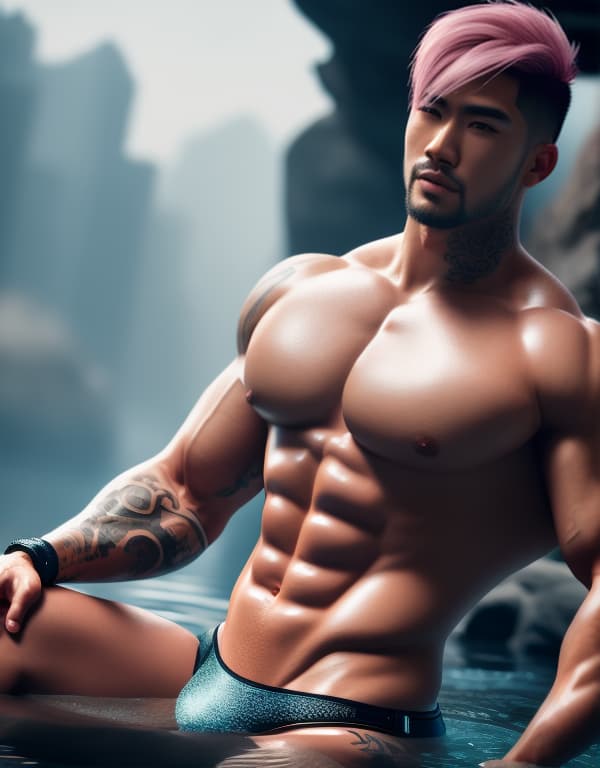  muscle, tattooed Chinese beautiful boy with white lace and pink hair in river， whole dorsal body，chest hair hyperrealistic, full body, detailed clothing, highly detailed, cinematic lighting, stunningly beautiful, intricate, sharp focus, f/1. 8, 85mm, (centered image composition), (professionally color graded), ((bright soft diffused light)), volumetric fog, trending on instagram, trending on tumblr, HDR 4K, 8K