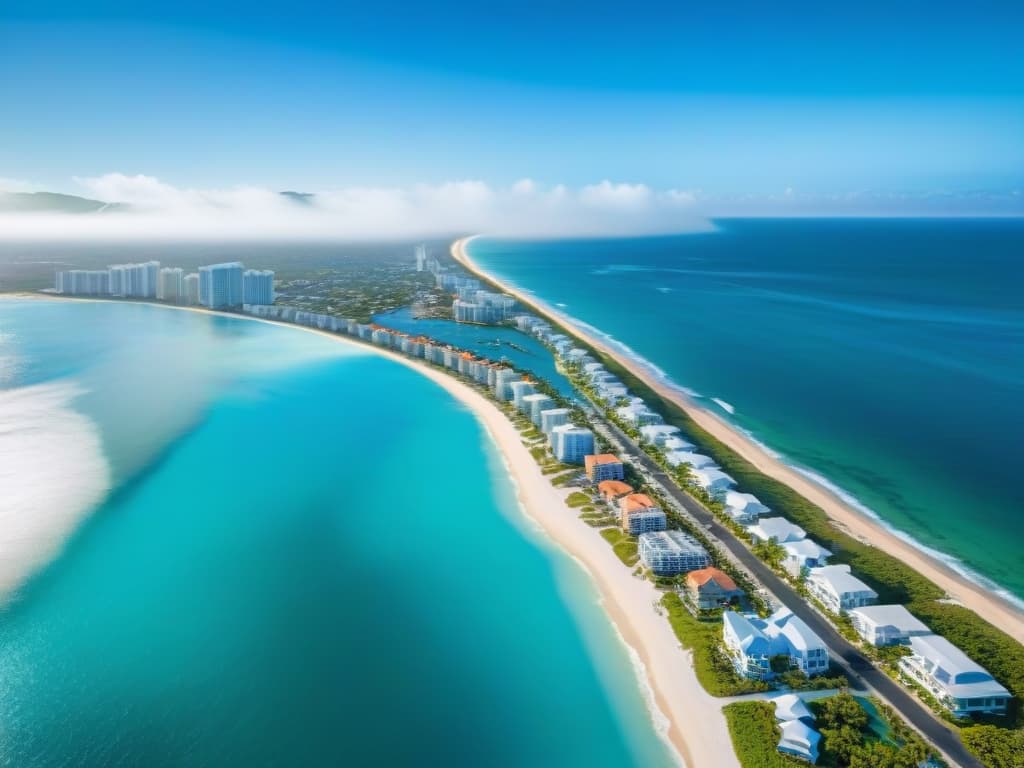  A stunning aerial view of a coastal cityscape with modern beachfront real estate developments lining the shore, showcasing a vibrant mix of highrise condominiums, luxury resorts, and bustling boardwalks. The image captures the dynamic intersection of urban living and scenic coastal beauty, featuring clear blue waters, palmlined beaches, and a backdrop of sleek architectural designs that embody the essence of profitable coastal real estate investments. hyperrealistic, full body, detailed clothing, highly detailed, cinematic lighting, stunningly beautiful, intricate, sharp focus, f/1. 8, 85mm, (centered image composition), (professionally color graded), ((bright soft diffused light)), volumetric fog, trending on instagram, trending on tumblr, HDR 4K, 8K