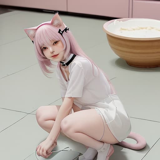  a woman the floor next to a bowl of milk, neko, anime visual of a cute cat, pet, cute anime cat, very beautiful cute cat, cat , anime with cat ears, wearing collar,👅