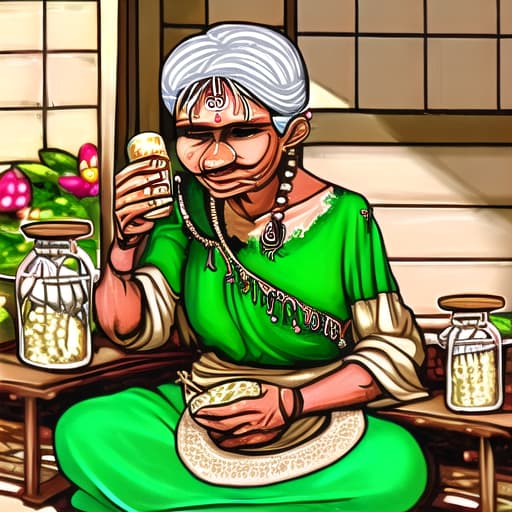  a old Indian grandmother with age of 60 sitting with a jar of pickle for advertisement