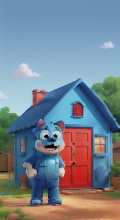  {Max the big blue dog standing in front of a cozy little house with a red door, The big blue dog is large with sky blue fur, big round eyes, a black nose, and floppy ears.