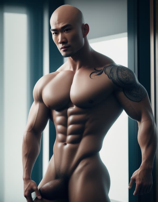  muscle, tattooed Chinese bald boy with no hair making love in hotel,  whole dorsal body，chest hair hyperrealistic, full body, detailed clothing, highly detailed, cinematic lighting, stunningly beautiful, intricate, sharp focus, f/1. 8, 85mm, (centered image composition), (professionally color graded), ((bright soft diffused light)), volumetric fog, trending on instagram, trending on tumblr, HDR 4K, 8K