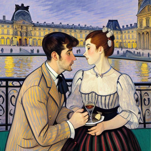  attractive young Parisian couple dressed in modern designer outfits who are romantically together in Paris. Foreground a small plate of fine dark chocolates on a bedside table. Background dusk with a light interior of the Louvre Museum. Painting style of Henri de Toulouse-Lautrec