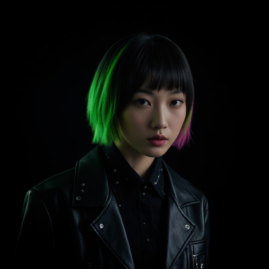  good quality, high quality, realistic, cyberpunk woman in the shadows, photo of a korean woman, cinematic, colored inner hair, green black streaked hair, black leather stylish jacket, stars and sparkles, black background, collar on her neck, stylish punk leather jacket, futuristic scene