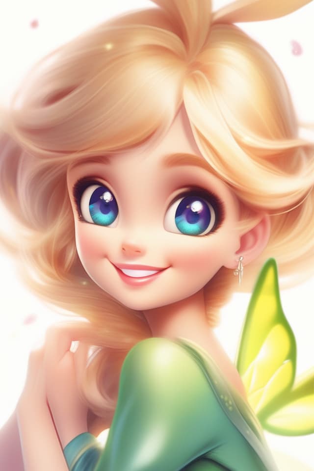  Colorful illustrations, fairy characters, Masterpiece, Tinkerbell, Mischievous, Bewitching Hair Color, Smile, HIGH Quality, 8k, 16k