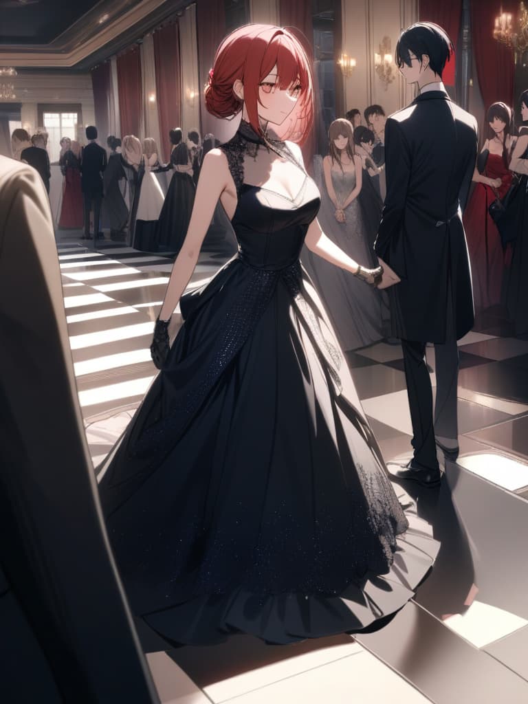  Black and red hair, black dresses, gray and black odds, girls, dancing with butler at luxurious venues, butlers who appear on demon butler and black cats, dresses with roses, hair Is long, mine makeup, butler is red hair, masterpiece, best quality,8k,ultra detailed,high resolution,an extremely delicate and beautiful,hyper detail