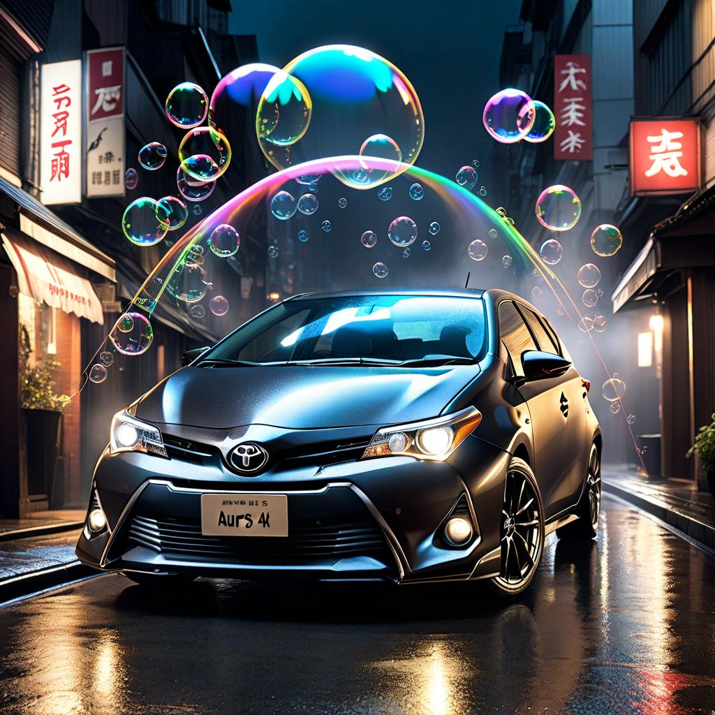  macabre style Custom Design Toyota Auris Coated with Carbon Steel, Spewing Soap Bubbles from its huge exhaust pipes, On the streets of Tokyo City at night, Demonstrating nightlife/Image Custom Design Toyota Auris Coated with Carbon Steel, Spewing Soap Bubbles from its huge exhaust pipes, On the streets of Tokyo City at night, Rain, Demonstrating nightlife . dark, gothic, grim, haunting, highly detailed hyperrealistic, full body, detailed clothing, highly detailed, cinematic lighting, stunningly beautiful, intricate, sharp focus, f/1. 8, 85mm, (centered image composition), (professionally color graded), ((bright soft diffused light)), volumetric fog, trending on instagram, trending on tumblr, HDR 4K, 8K