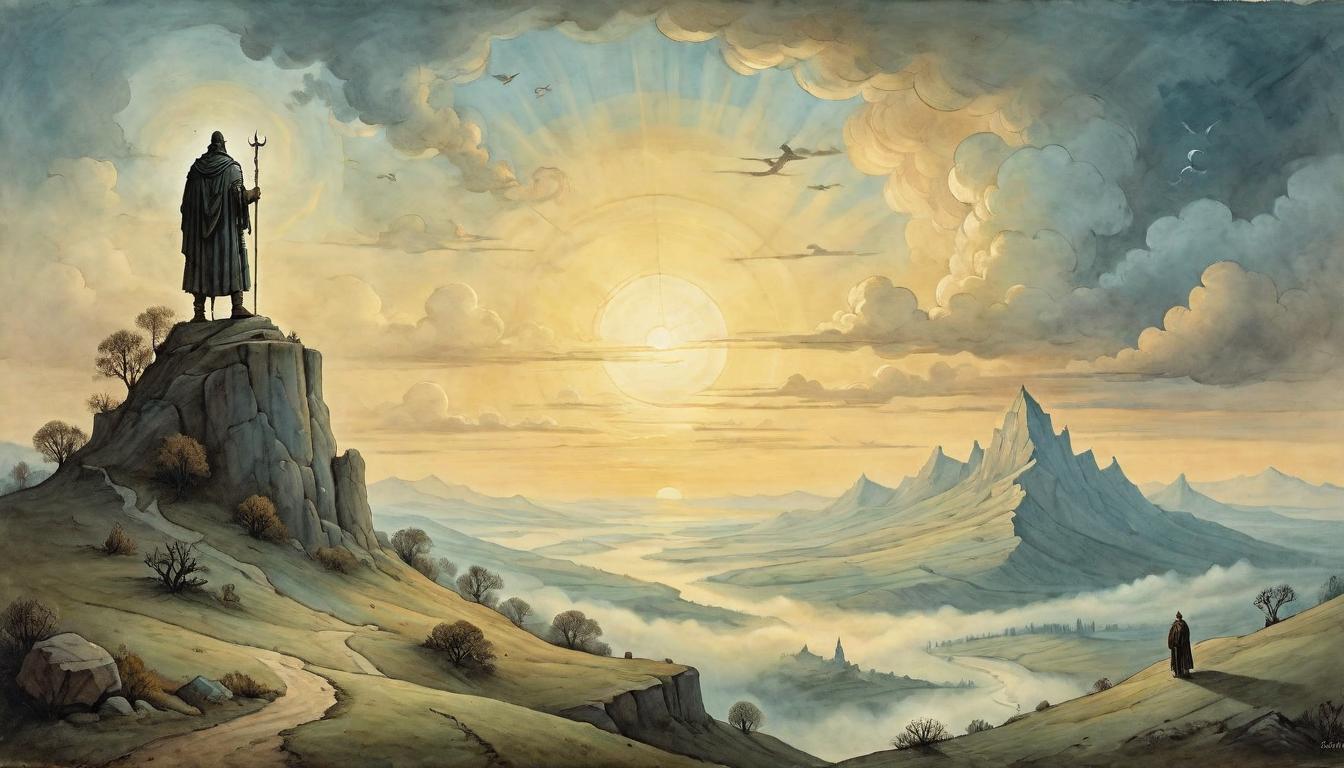  on parchment, surrealism+++, A figure on top of a hill, overlooking a vast expanse, sunrise breaking through clouds, figure stands with a posture of pride, victorious, reflective(mysterious, provocative, symbolic,muted color)+++