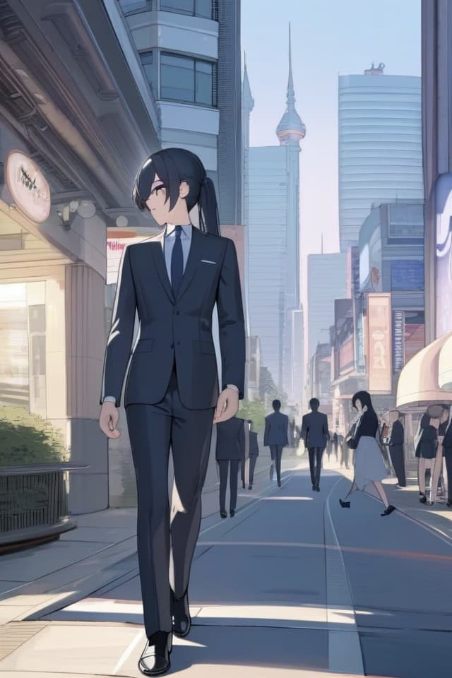  masterpiece,Best quality,ultra high res,black hair,youth,suit,walking,beautiful cityscape