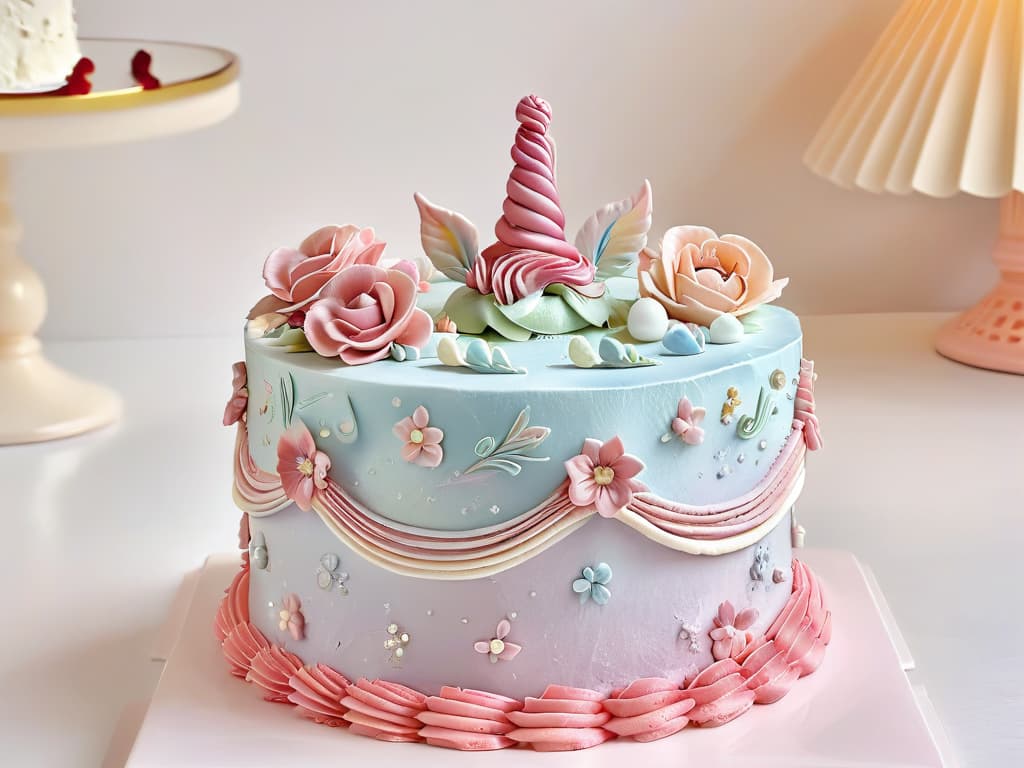  An ultradetailed, 8k image of a whimsical, pastelcolored unicorn cake adorned with intricate fondant decorations. The cake is set against a softly blurred background, allowing the viewer to focus on the intricate details of the cake's design, including delicate sugar flowers, shimmering edible glitter, and beautifully piped frosting details. The image captures the essence of magical and enchanting cake decoration, perfect for inspiring readers to explore new techniques in decorating children's cakes. hyperrealistic, full body, detailed clothing, highly detailed, cinematic lighting, stunningly beautiful, intricate, sharp focus, f/1. 8, 85mm, (centered image composition), (professionally color graded), ((bright soft diffused light)), volumetric fog, trending on instagram, trending on tumblr, HDR 4K, 8K