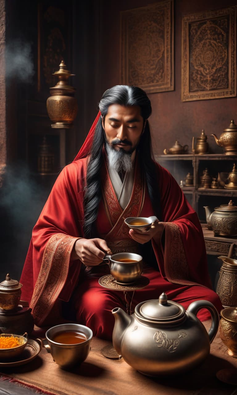  Visual art of a place where inventions and adventures are felt, a very detailed and deep image. A with hair in ethnic clothing pours tea from a teapot. Use only three colors and their shades. [error] hyperrealistic, full body, detailed clothing, highly detailed, cinematic lighting, stunningly beautiful, intricate, sharp focus, f/1. 8, 85mm, (centered image composition), (professionally color graded), ((bright soft diffused light)), volumetric fog, trending on instagram, trending on tumblr, HDR 4K, 8K