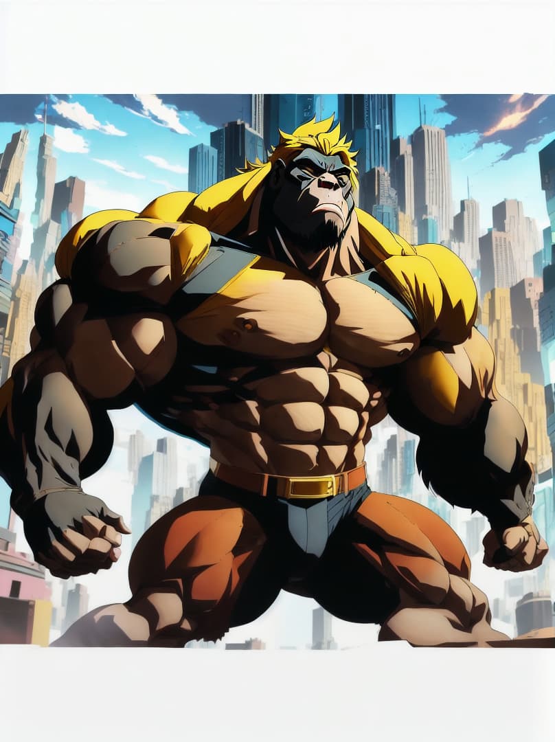  , anime-style illustration of a gorilla with extreme muscular development, in a dynamic pose that captures a 'roid rage'.,RAGE,menacing<lora:chad97qi:0.07655424501345531><lora:yellow-family:0.25172963598036135><lora:octoghibli:0.8723620831649697><lora:ae-t-pagepal:0.23817375049702716> hyperrealistic, full body, detailed clothing, highly detailed, cinematic lighting, stunningly beautiful, intricate, sharp focus, f/1. 8, 85mm, (centered image composition), (professionally color graded), ((bright soft diffused light)), volumetric fog, trending on instagram, trending on tumblr, HDR 4K, 8K