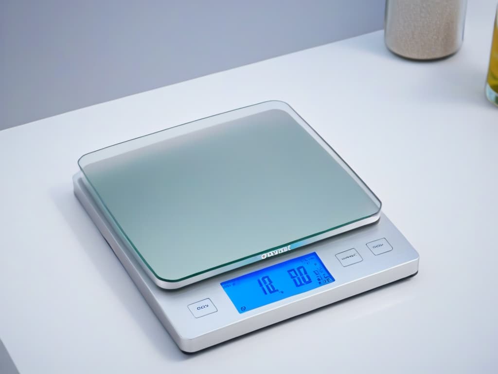  A sleek, modern digital kitchen scale with a stainless steel finish, displaying precise measurements to the decimal point. The scale is set on a marble countertop with soft, natural lighting highlighting its minimalist design. hyperrealistic, full body, detailed clothing, highly detailed, cinematic lighting, stunningly beautiful, intricate, sharp focus, f/1. 8, 85mm, (centered image composition), (professionally color graded), ((bright soft diffused light)), volumetric fog, trending on instagram, trending on tumblr, HDR 4K, 8K