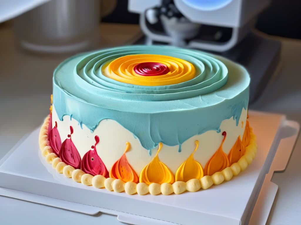  A closeup, ultradetailed image of a sleek, modern food printer in action, delicately crafting intricate designs on a freshly baked cake. The printer's nozzle releases vibrant, colorful edible ink onto the surface of the cake, creating a mesmerizing pattern of swirls and shapes. The image captures the precision and artistry of food customization, highlighting the seamless integration of technology and culinary creativity in the realm of personalized baking. hyperrealistic, full body, detailed clothing, highly detailed, cinematic lighting, stunningly beautiful, intricate, sharp focus, f/1. 8, 85mm, (centered image composition), (professionally color graded), ((bright soft diffused light)), volumetric fog, trending on instagram, trending on tumblr, HDR 4K, 8K