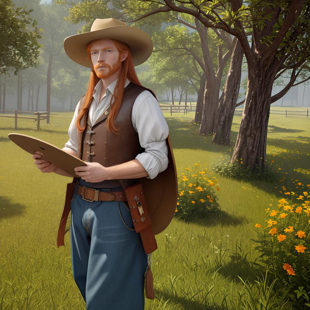  masterpiece, best quality, Best Quality, beautiful art, 8k resolution,high resolution concept art of a ginger country in outfit with cowboy hat