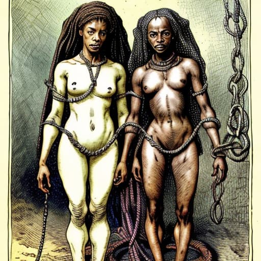  Two African slave woman in shackles and chains in the style of arthur rackham, stable diffusion