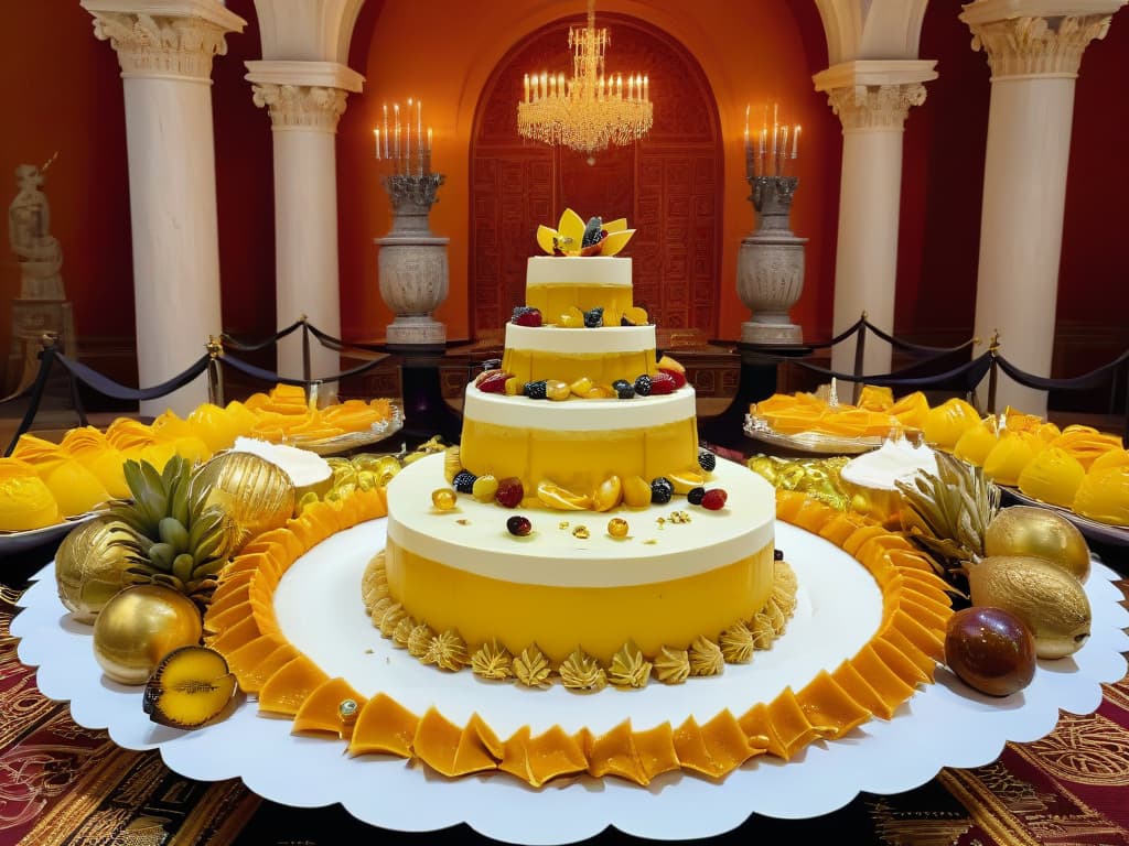  A lavish Roman banquet scene with a decadent display of various desserts, prominently featuring a beautifully crafted flan garnished with edible gold leaf and surrounded by exotic fruits. The table is adorned with intricate silverware and elegant goblets, set against a backdrop of opulent Roman architecture and rich tapestries, capturing the essence of luxury and indulgence in ancient Rome. hyperrealistic, full body, detailed clothing, highly detailed, cinematic lighting, stunningly beautiful, intricate, sharp focus, f/1. 8, 85mm, (centered image composition), (professionally color graded), ((bright soft diffused light)), volumetric fog, trending on instagram, trending on tumblr, HDR 4K, 8K