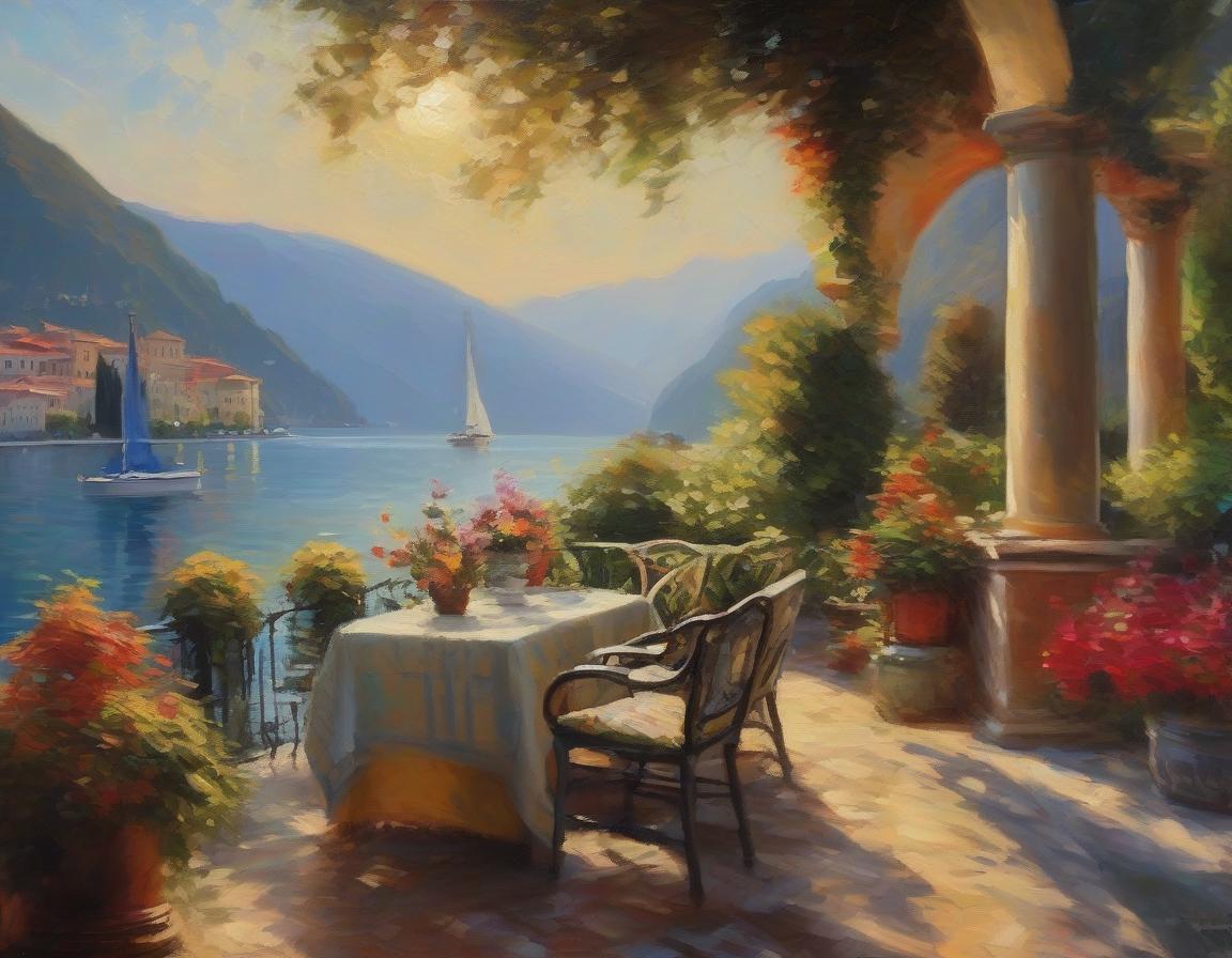  (Masterpiece, Oil painting: 1.3) Image of cute and cozy art villa, Overlooking Lake Como in (Impressionism) style, rough brushstrokes, impasto, Juicy color palette, cats. hyperrealistic, full body, detailed clothing, highly detailed, cinematic lighting, stunningly beautiful, intricate, sharp focus, f/1. 8, 85mm, (centered image composition), (professionally color graded), ((bright soft diffused light)), volumetric fog, trending on instagram, trending on tumblr, HDR 4K, 8K