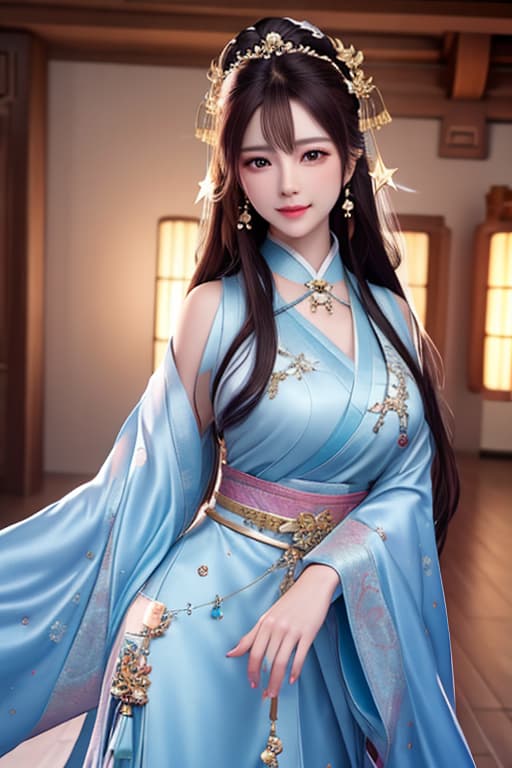  best quality, masterpiece, highres, 1girl,blush,(seductive smile:0.8),star shaped pupils,china hanfu,hair ornament,necklace, jewelry,Beautiful face,upon body, tyndall effect,photorealistic, dark studio, rim lighting, two tone lighting,(high detailed skin:1.2), 8k uhd, dslr, soft lighting, high quality, volumetric lighting, candid, Photograph, high resolution, 4k, 8k, Bokeh hyperrealistic, full body, detailed clothing, highly detailed, cinematic lighting, stunningly beautiful, intricate, sharp focus, f/1. 8, 85mm, (centered image composition), (professionally color graded), ((bright soft diffused light)), volumetric fog, trending on instagram, trending on tumblr, HDR 4K, 8K