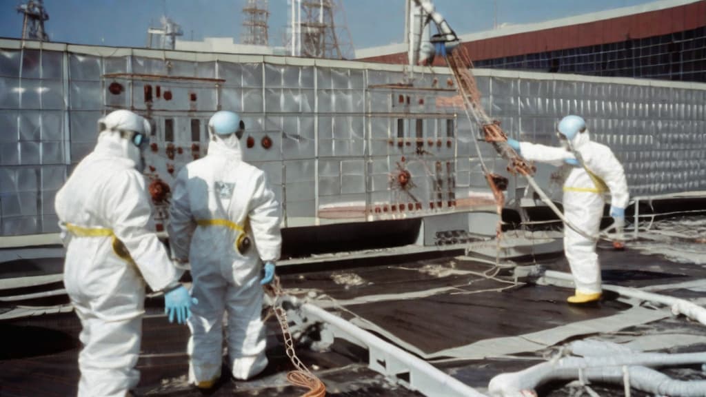  The most complex decontamination mission given to the liquidators involved cleaning the roof of the Chernobyl Power Plant Reactor No. 4 that had exploded. Several robots were initially deployed for the cleaning mission but all of them malfunctioned due to the high levels of radiation. The only solution was to deploy humans so called bio robots, to manually remove the highly radioactive rubble and debris. There were about 3750 bio robots operating on that roof. They were given improvised aprons and vests lined with lead to protect them from radiation. Lead pieces were also placed in other areas of the body like the back of the head or the crotch using elastic bands.