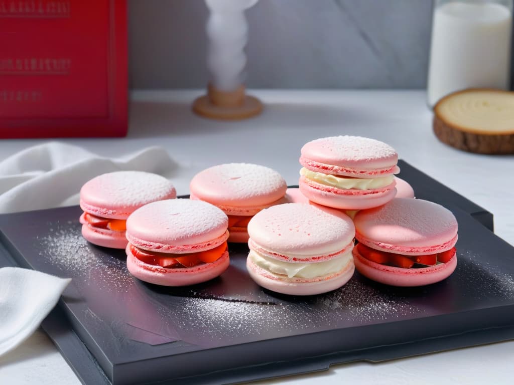  An ultradetailed closeup image of a perfect pastel pink macaron with a smooth, glossy surface, delicate ruffled feet, and a light dusting of powdered sugar on top. The macaron is placed on a sleek, modern black slate platter, set against a softfocused background of a French patisserie kitchen with elegant marble countertops and pastelcolored kitchen utensils neatly arranged in the background. hyperrealistic, full body, detailed clothing, highly detailed, cinematic lighting, stunningly beautiful, intricate, sharp focus, f/1. 8, 85mm, (centered image composition), (professionally color graded), ((bright soft diffused light)), volumetric fog, trending on instagram, trending on tumblr, HDR 4K, 8K