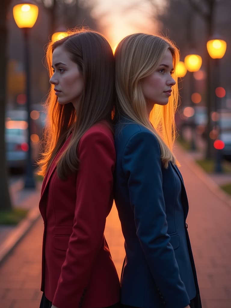  two girls, close look, (standing back to back to each other), one with brown long hair looking down anxiously, angry, red modern suit and dark skirt, the other with golden long hair gazing up gratefully, happy, blue suit and black skirt, detailed face, emotional expression, quiet city park at dusk, glowing streetlights, soft breeze, warm sunset hues, detailed expressive faces, realistic, dynamic lighting, contemplative mood, highly detailed, beautiful texture, subtle wind, nikon d850, rich colors, lifelike texture, cinematic atmosphere, artstation trending, award winning, professional, highly detailed, masterpiece