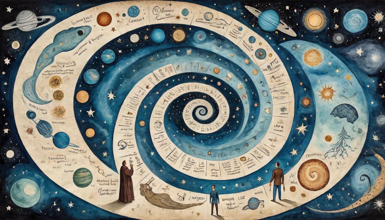  on parchment, surrealism+++, A person surrounded by a spiral of galaxies, witnessing their own life mirror the cosmic cycle. Breakdown and breakthrough, cosmic narrative, personal universe, spiral journey(mysterious, provocative, symbolic,muted color)+++