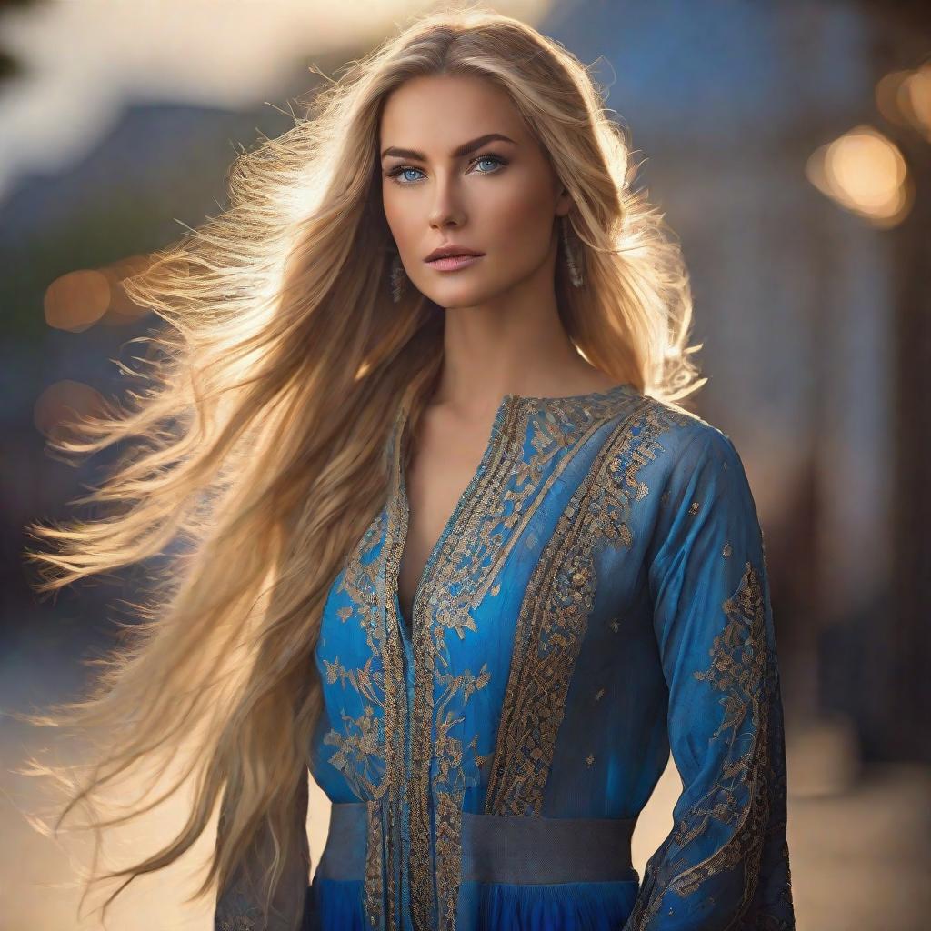  beautiful woman with long blond hair and blue eyes dark eyebrows, hair blowing in wind, evening lighting hyperrealistic, full body, detailed clothing, highly detailed, cinematic lighting, stunningly beautiful, intricate, sharp focus, f/1. 8, 85mm, (centered image composition), (professionally color graded), ((bright soft diffused light)), volumetric fog, trending on instagram, trending on tumblr, HDR 4K, 8K