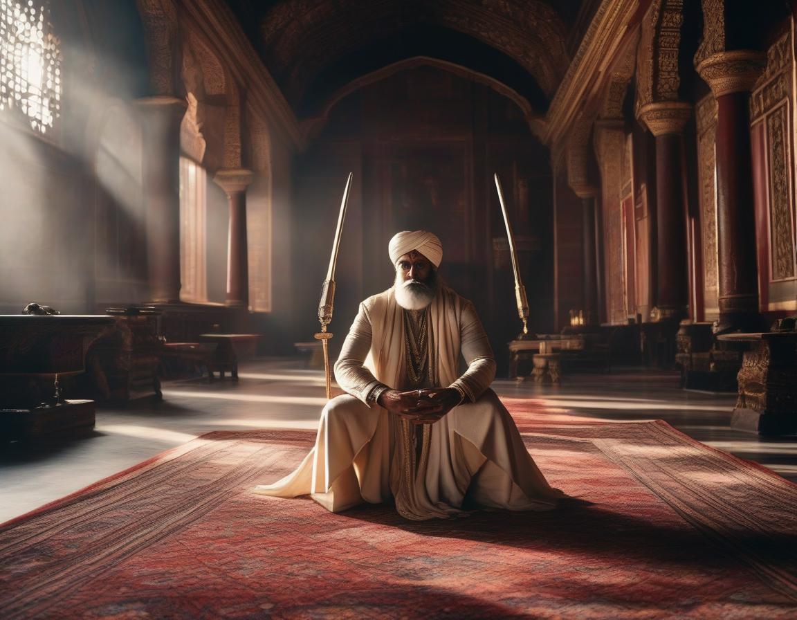  cinematic film still A large hall of an Indian palace. In the corners braziers on tripods. In the middle of the room is a carpet, on the carpet stands a young Indian in a long, loose white tunic and a wide white turban. In his right hand, the Indian holds a magic wand, in his left an open, torn book in leather binding. The Indian's face is calm and unruffled, and his gaze radiates determination. On the carpet before him lies a fallen demon a revolting hellish creature with a bloated toothy mouth, a scaly body, and wings like a bat. . shallow depth of field, vignette, highly detailed, high budget, bokeh, cinemascope, moody, epic, gorgeous, film grain, grainy hyperrealistic, full body, detailed clothing, highly detailed, cinematic lighting, stunningly beautiful, intricate, sharp focus, f/1. 8, 85mm, (centered image composition), (professionally color graded), ((bright soft diffused light)), volumetric fog, trending on instagram, trending on tumblr, HDR 4K, 8K