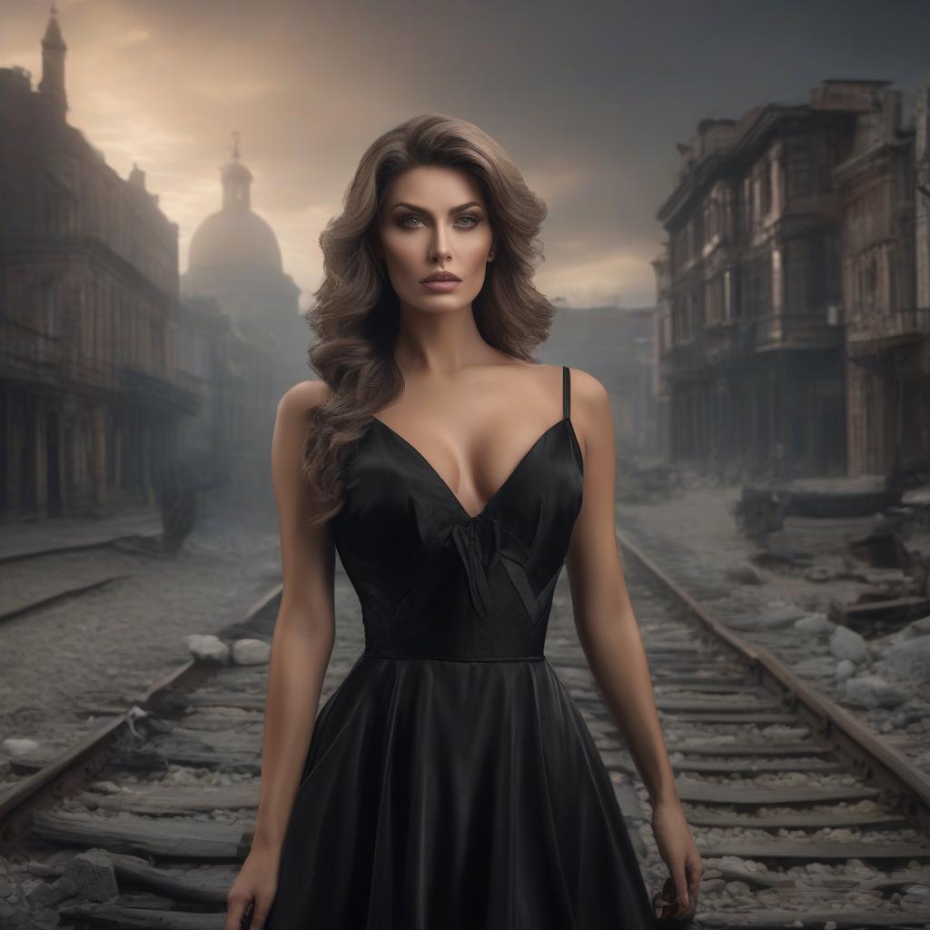  Vintage sad beauty in a black dress during the 1990s war. hyperrealistic, full body, detailed clothing, highly detailed, cinematic lighting, stunningly beautiful, intricate, sharp focus, f/1. 8, 85mm, (centered image composition), (professionally color graded), ((bright soft diffused light)), volumetric fog, trending on instagram, trending on tumblr, HDR 4K, 8K